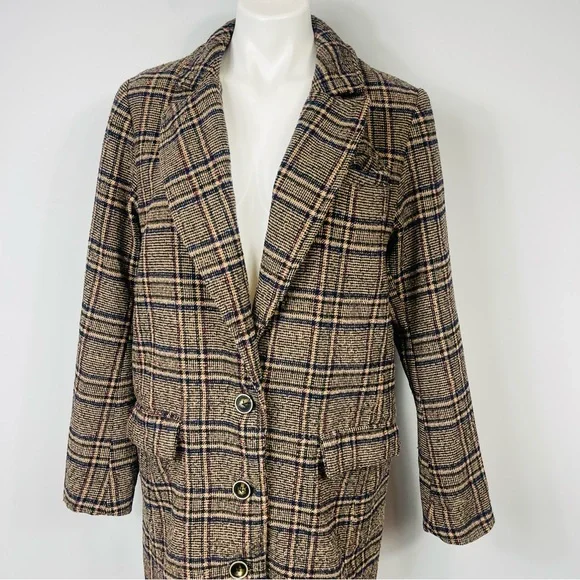Free People Plaid Wool Blend Tweed Oversized Boxy Coat Overcoat Long Jacket Boho